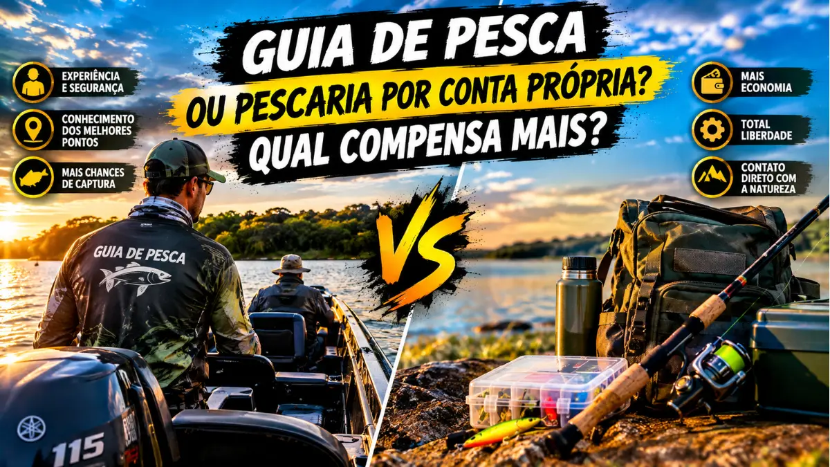 Guia de pesca ou pescaria por conta própria com equipamentos organizados.