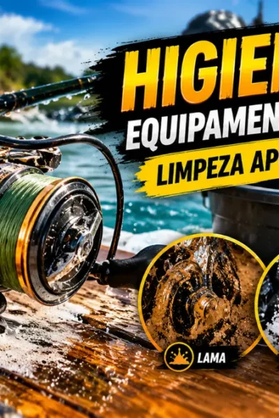 Higienização de equipamentos de pesca após contato com lama e água salgada.