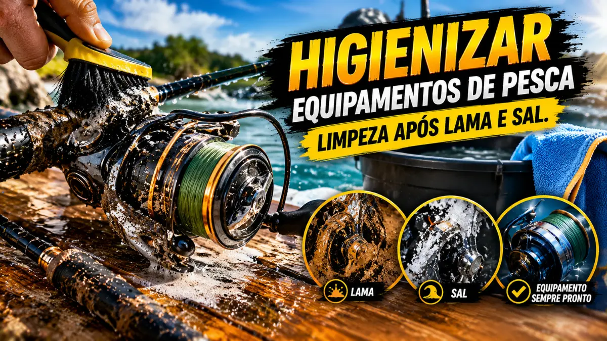 Higienização de equipamentos de pesca após contato com lama e água salgada.