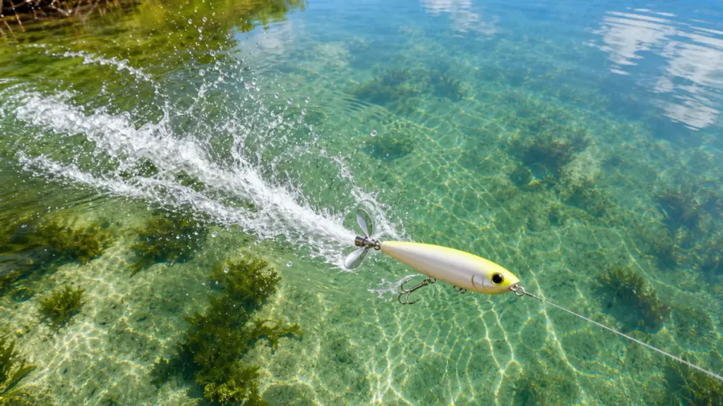 Iscas de superfície: hélice, stick, zara e popper comparadas. 2 Isca hélice cruzando a superfície de um rio de água clara e formando um rastro de espuma sob a luz do sol.