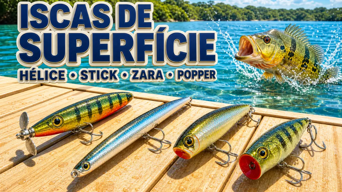 Quatro iscas de superfície — hélice, stick, zara e popper.
