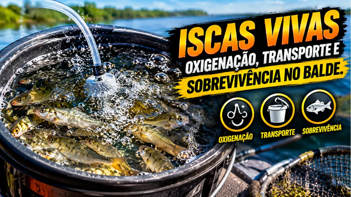 Iscas vivas mantidas em balde com água durante o transporte.