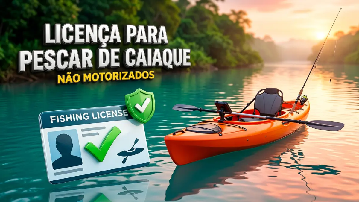 Pescador em caiaque laranja em rio de água turquesa ao nascer do sol, com licença de pesca e selo de verificação, ilustrando as regras de licença para pescar de caiaque não motorizado.