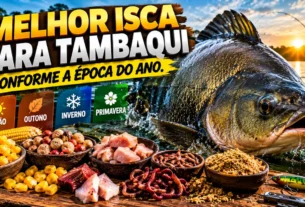 Melhor isca para tambaqui, conforme a época do ano, com diferentes opções de iscas e um grande peixe em destaque.