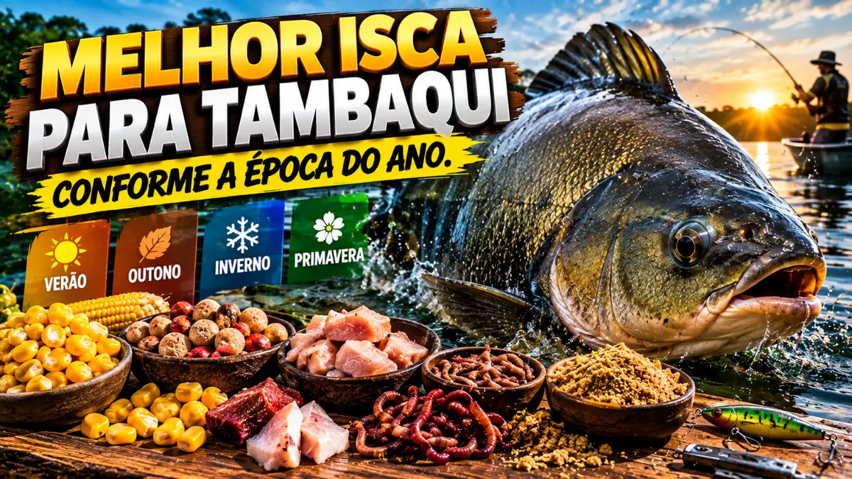 Melhor isca para tambaqui, conforme a época do ano, com diferentes opções de iscas e um grande peixe em destaque.