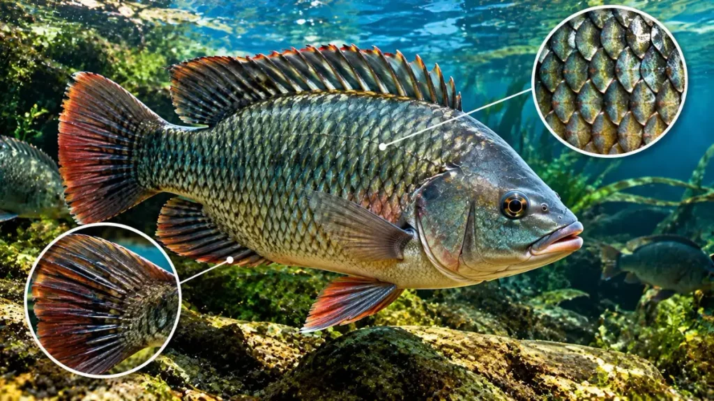 Peixes de couro e escama: diferenças anatômicas e biológicas. 3 Peixe de escama com escamas sobrepostas e nadadeiras detalhadas.