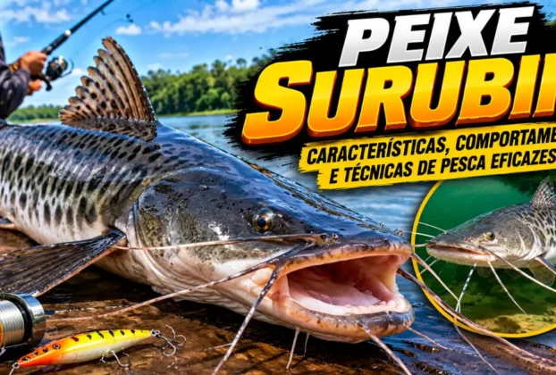 Peixe surubim de grande porte com corpo manchado e barbilhões evidentes, acompanhado de equipamentos de pesca em um rio.