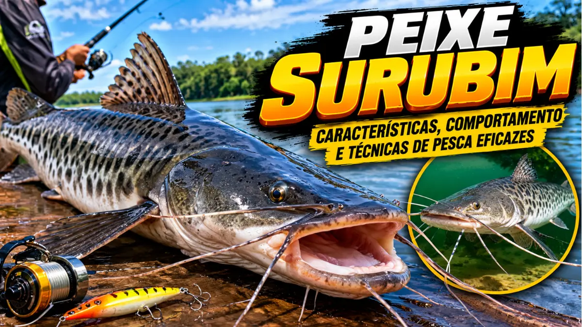 Peixe surubim de grande porte com corpo manchado e barbilhões evidentes, acompanhado de equipamentos de pesca em um rio.