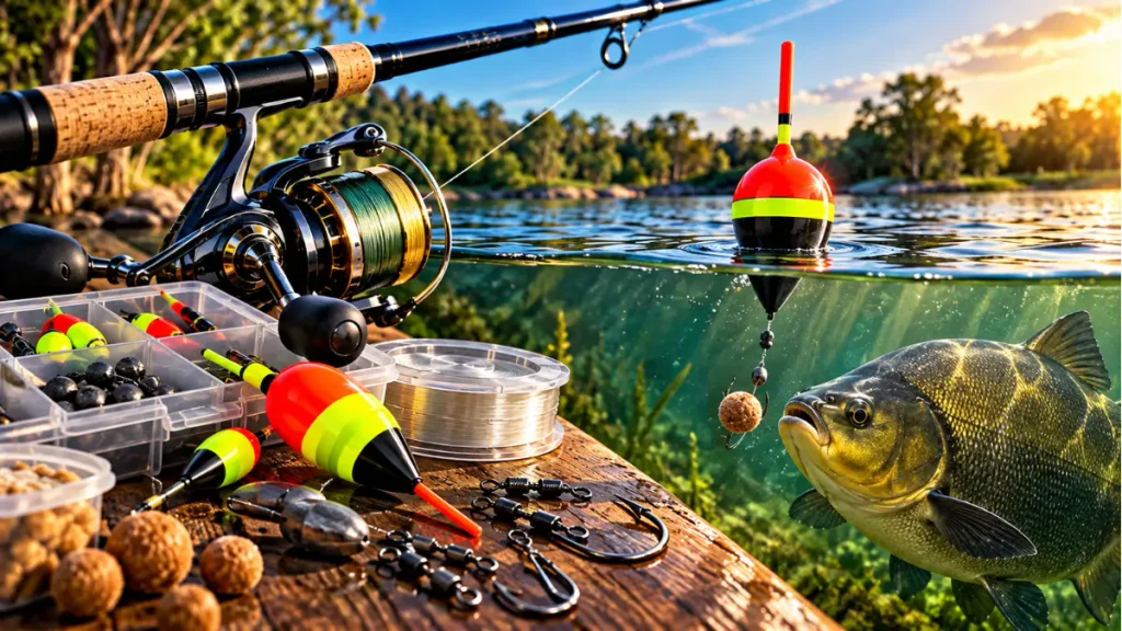 Equipamentos de pesca com boias e montagem para pescaria em água doce.