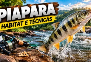 Piapara saltando nas águas de um rio, representando as características da espécie, seu habitat e as técnicas de pesca.