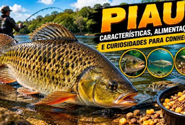 Peixe piau em destaque nas águas de um rio, com escamas douradas e nadadeiras alaranjadas, ilustrando suas características, alimentação e curiosidades.