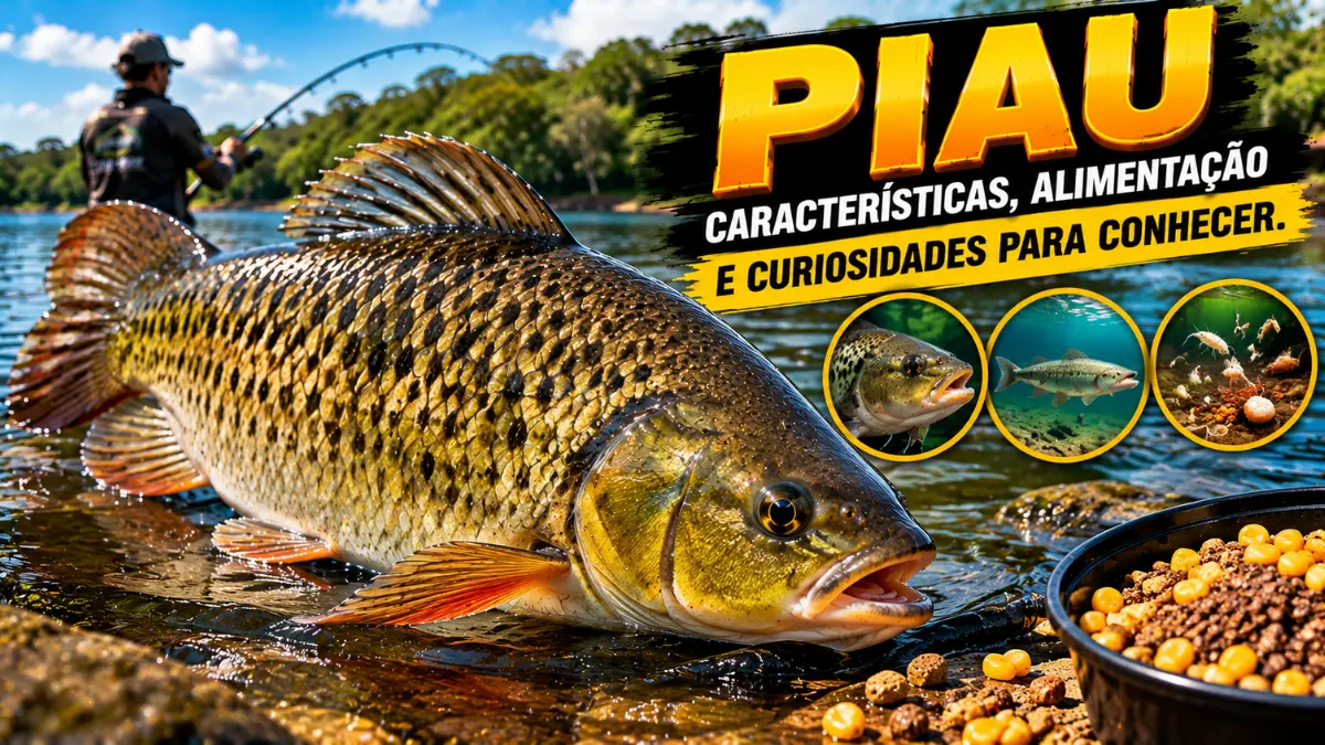 Peixe piau em destaque nas águas de um rio, com escamas douradas e nadadeiras alaranjadas, ilustrando suas características, alimentação e curiosidades.