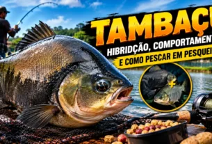 Tambacu de grande porte em destaque, com equipamentos de pesca e pesqueiro ao fundo, ilustrando a hibridação, o comportamento e as técnicas de captura.