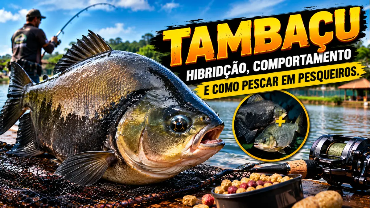 Tambacu de grande porte em destaque, com equipamentos de pesca e pesqueiro ao fundo, ilustrando a hibridação, o comportamento e as técnicas de captura.